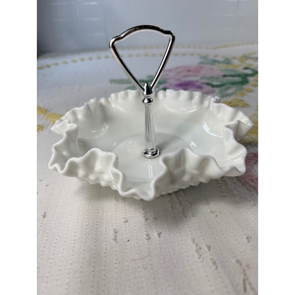 Fenton Milk Glass Hobnail Bon Bon Dish with Silver Handle Ruffled Rim White